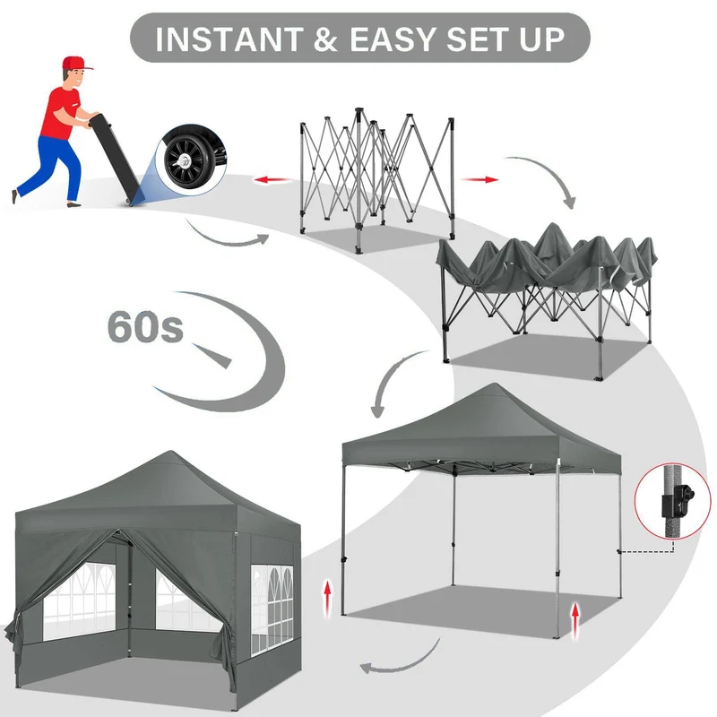 COBIZI Pop-Up Pavillon 3×3 m, wasserdicht, mit Seitenwand & Tasche, Grau