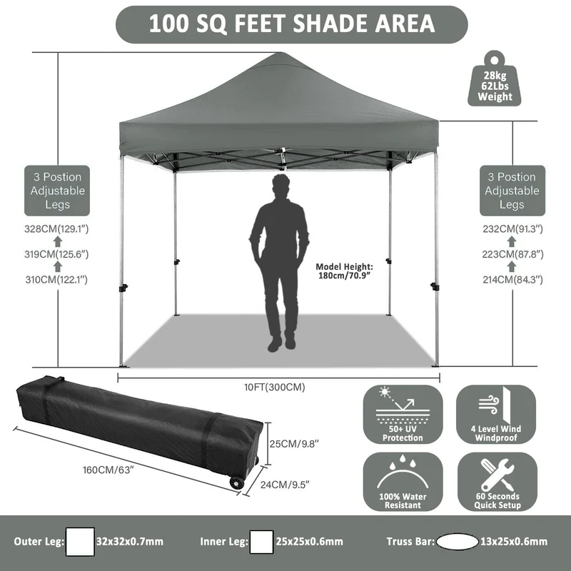 COBIZI Pop-Up Pavillon 3×3 m, wasserdicht, mit Seitenwand & Tasche, Grau