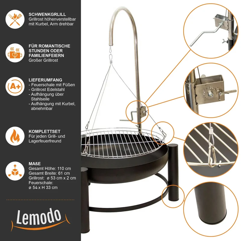 Lemodo Holzkohlegrill - Schwenkgrill mit Kurbel & Feuerschale