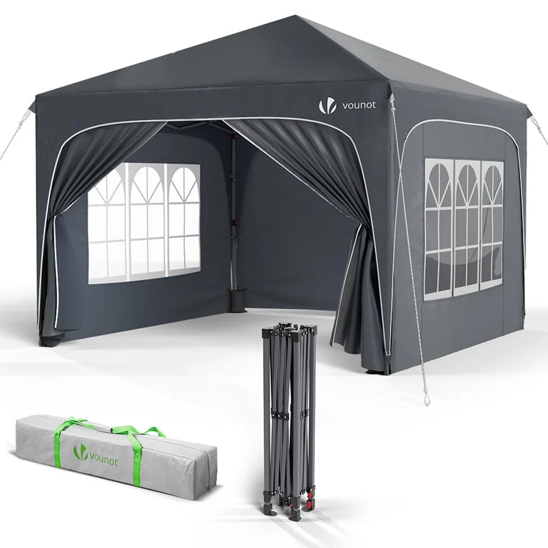 VOUNOT Pavillon 3x3m Pop Up Faltpavillon – Grau, mit Seitenteilen
