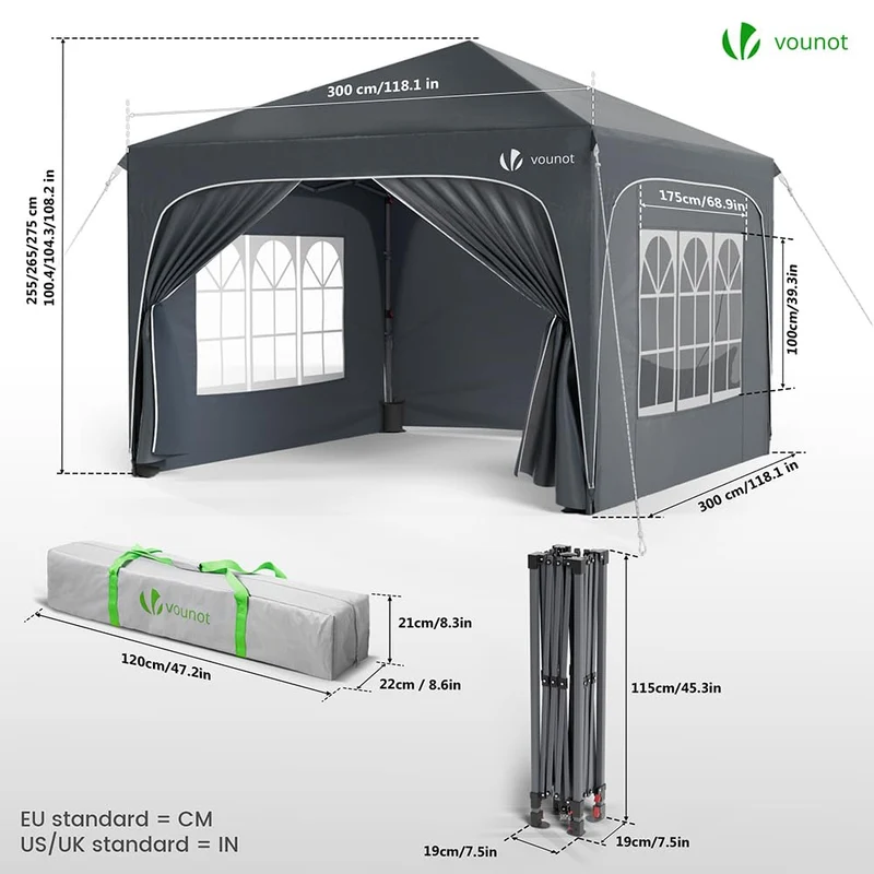 VOUNOT Pavillon 3x3m Pop Up Faltpavillon – Grau, mit Seitenteilen