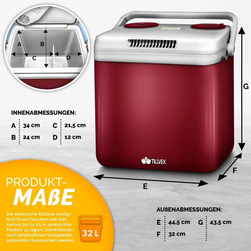tillvex Mini-Kühlschrank 32L elektrisch Auto/Camping – Rot