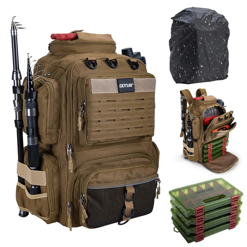 Goture Angelrucksack 45L – 4 Köderboxen, Rutenhalter, wasserabweisend