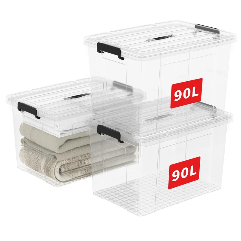 Cetomo Organizer-Behälter 90L Transparent - 3er Pack mit Deckel
