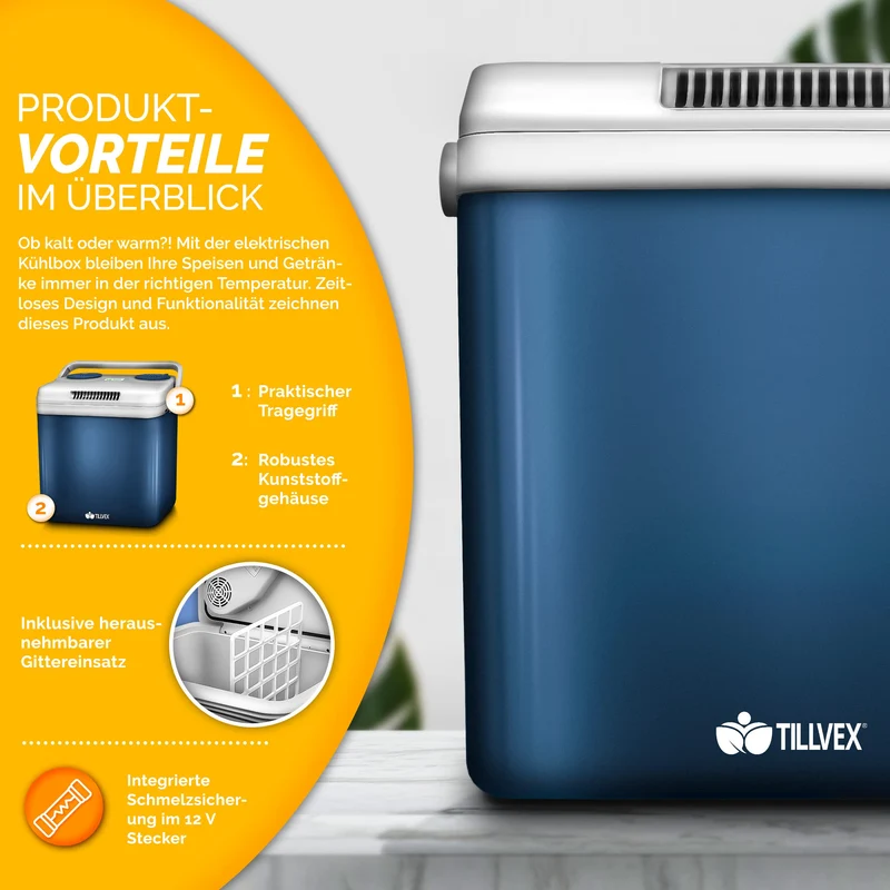 tillvex Kühlbox elektrisch 32L - 230V/12V, Kühl-/Wärmefunktion - Blau