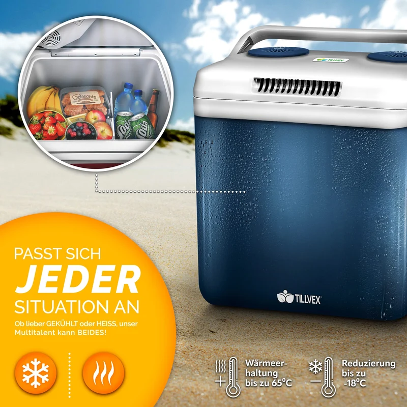 tillvex Kühlbox elektrisch 32L - 230V/12V, Kühl-/Wärmefunktion - Blau