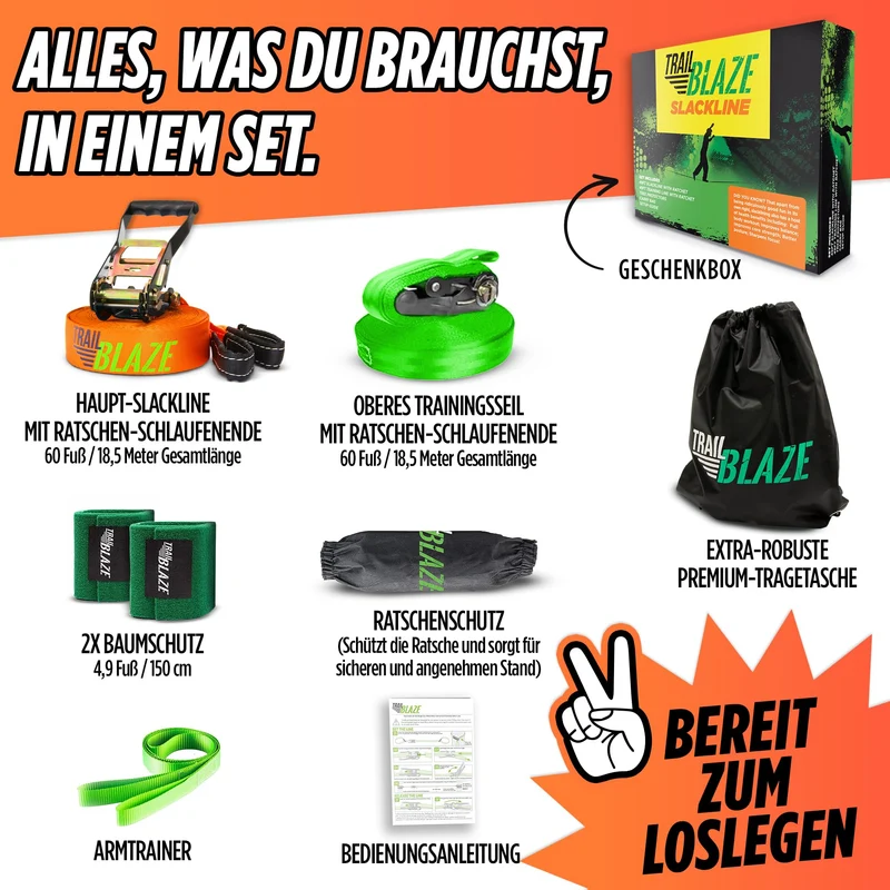 ActiveLine Slackline Anfänger-Komplettset – mit Baumschutz & Tasche