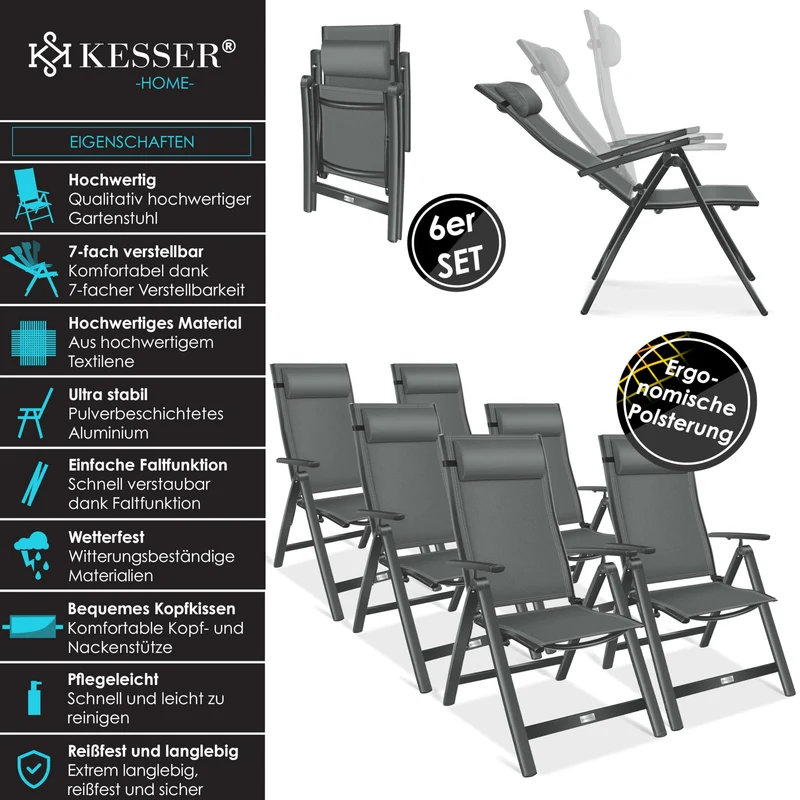 KESSER Gartenstuhl Hochlehner Aluminium Klappstuhl – 6er Set Anthrazit
