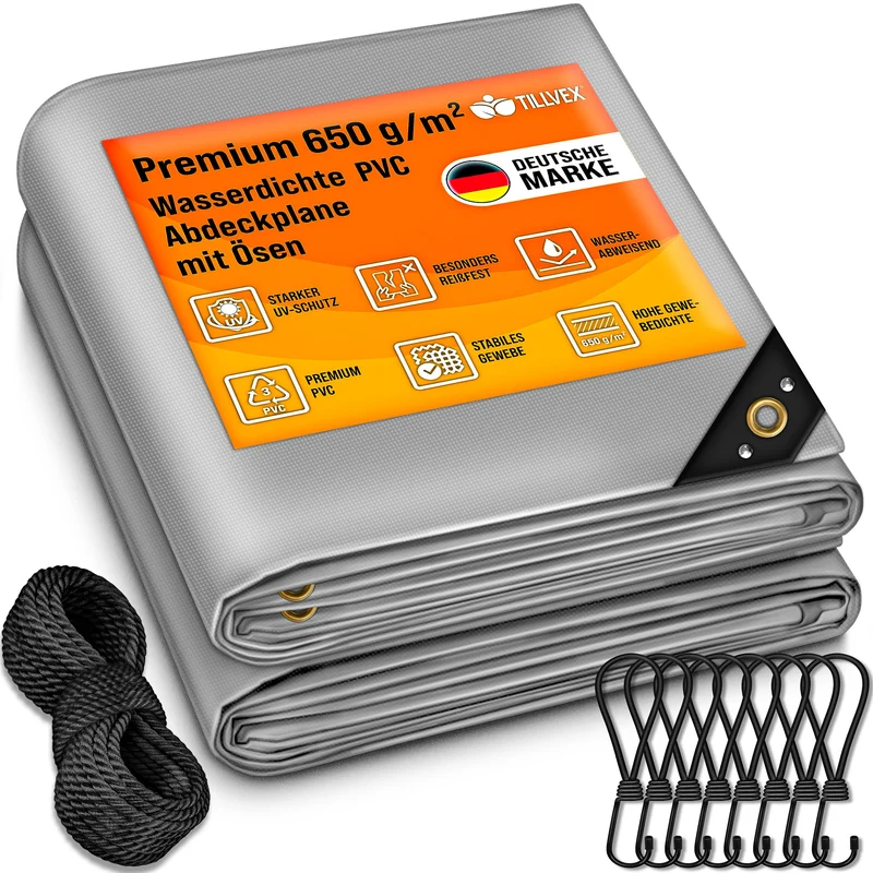 tillvex Gewebeplane PVC 650g/m² wasserdicht - grau 3x4m