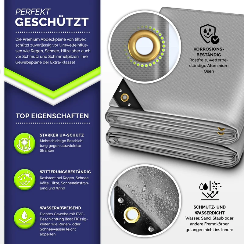 tillvex Gewebeplane PVC 650g/m² wasserdicht - grau 3x4m