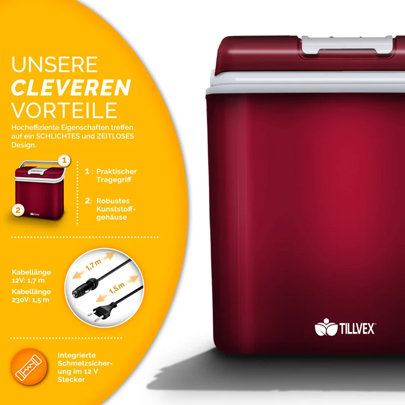 tillvex Kühlbox elektrisch 24L 12V/230V Kühlen/Wärmen - Rot