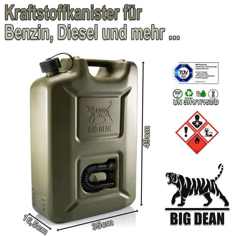 BigDean Benzinkanister 20L Olivgrün – 5er Set mit Ausgiesser
