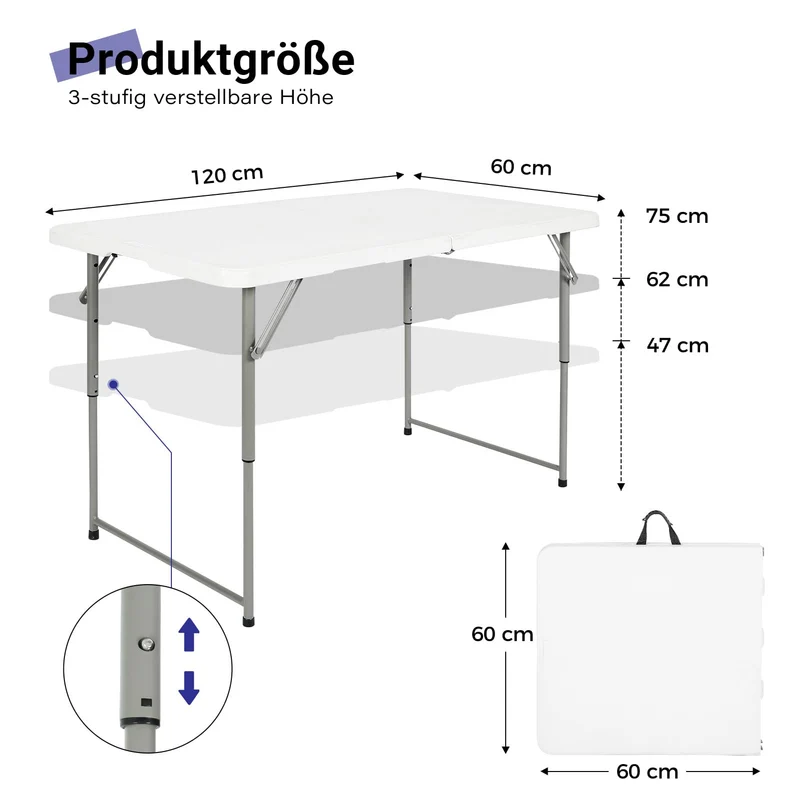 Byliable Klapptisch 120 cm tragbar höhenverstellbar – Weiss