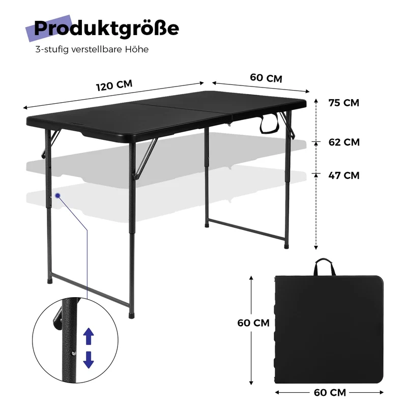 Byliable Klapptisch Outdoor-Tisch 120cm Höhenverstellbar – Schwarz
