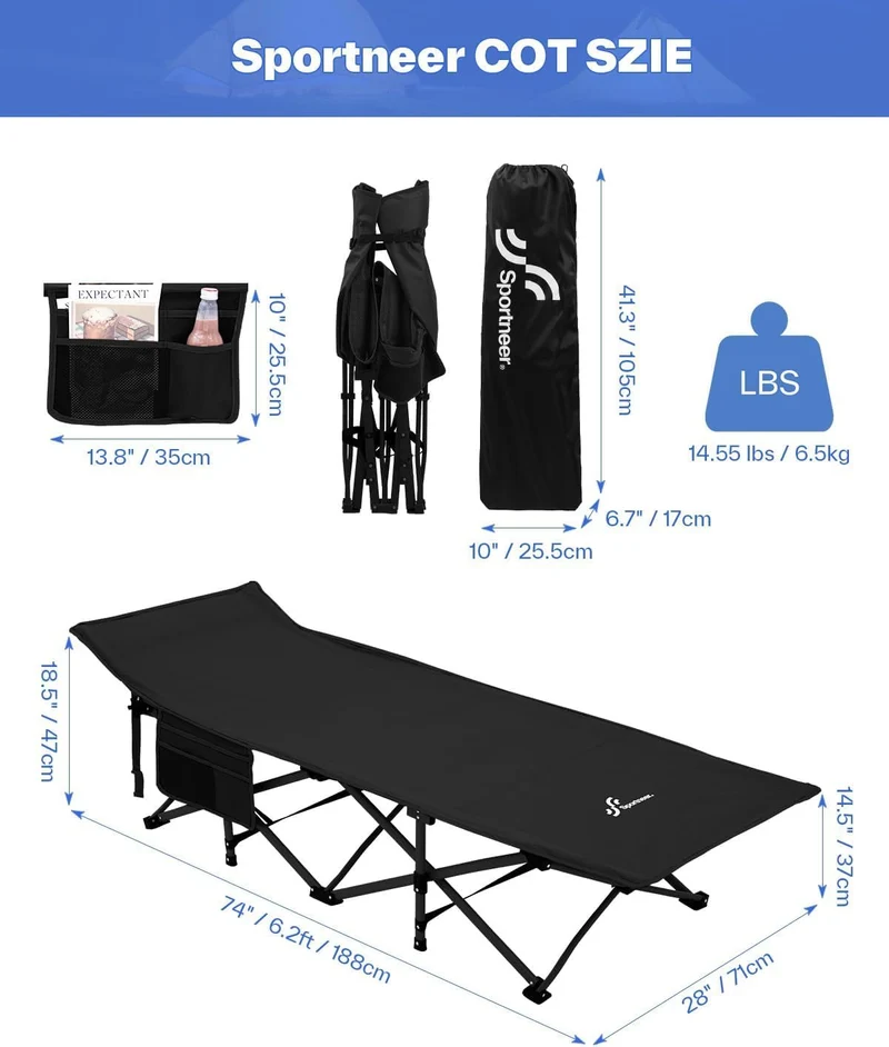 Sportneer Feldbett mit Matratze – Camping- & Gästebett Schwarz