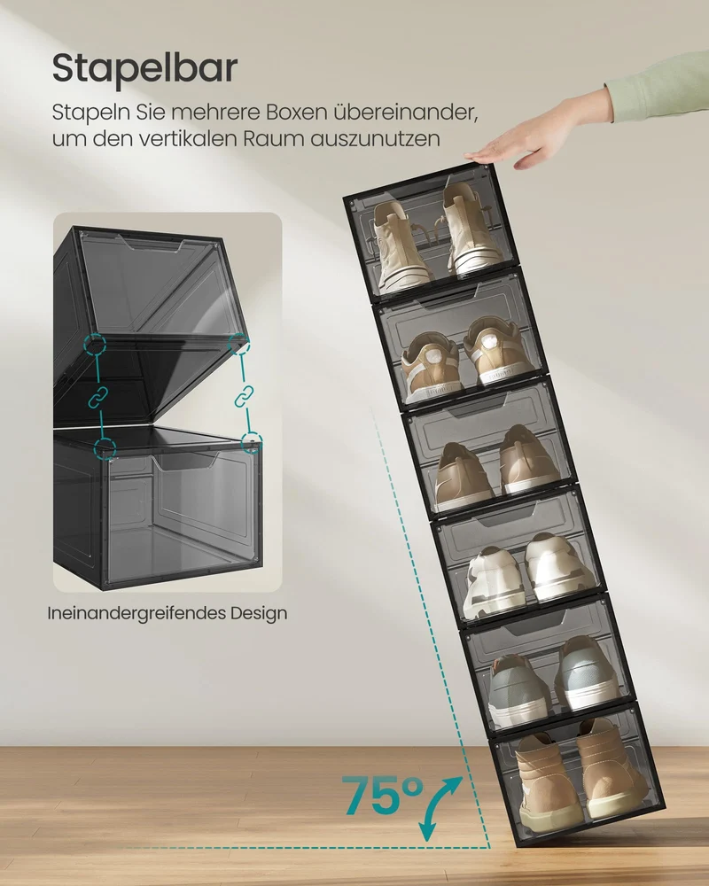 SONGMICS LSP412B01 Schuhboxen Kunststoff – 12er Set Transparentes Schwarz
