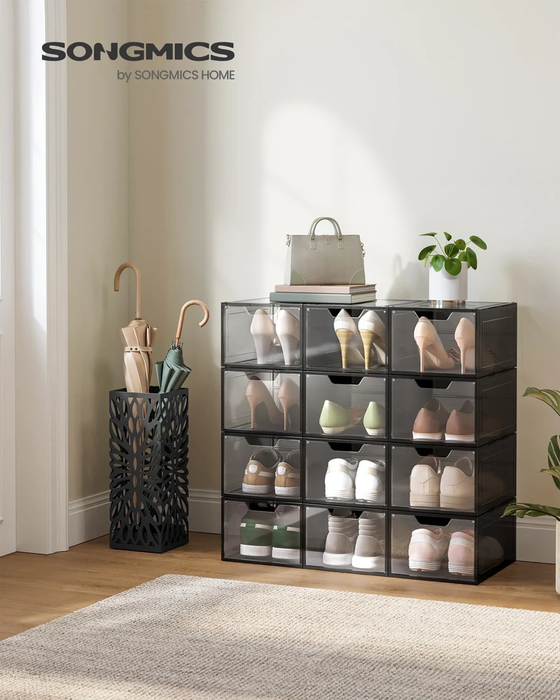 SONGMICS LSP412B01 Schuhboxen Kunststoff – 12er Set Transparentes Schwarz