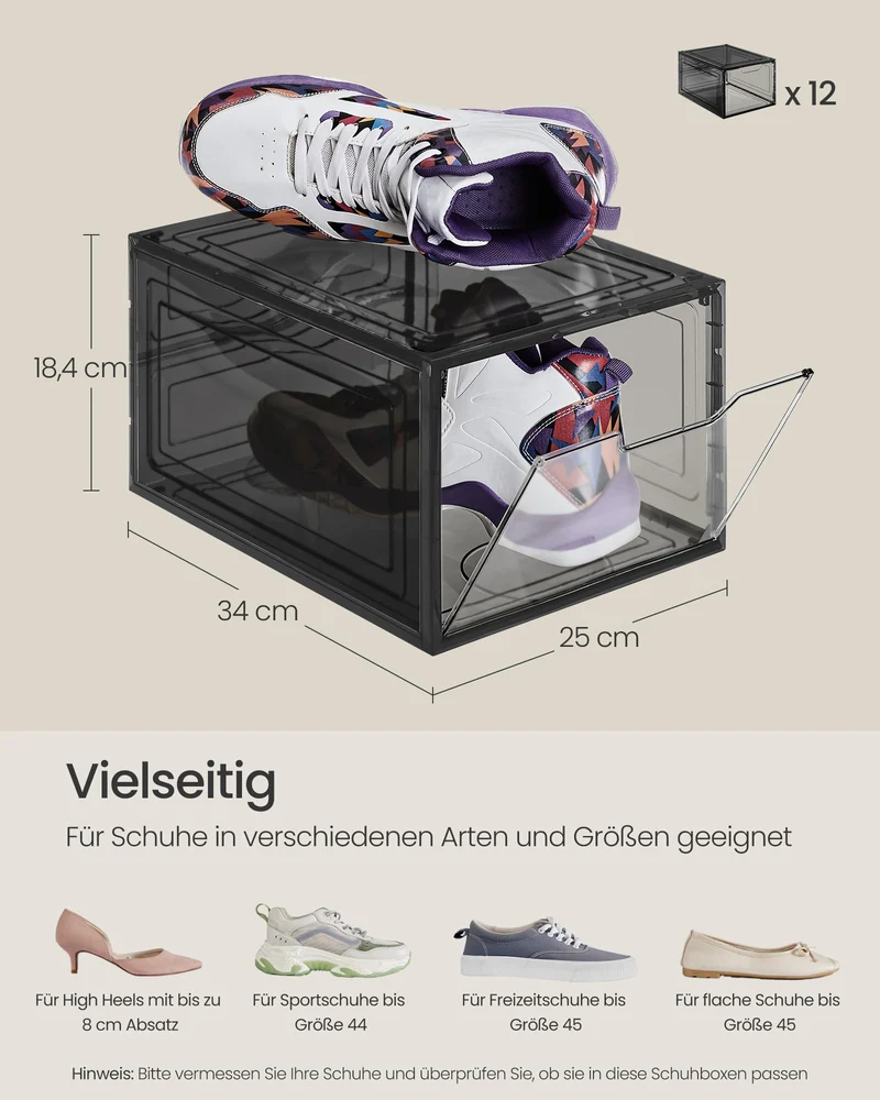 SONGMICS LSP412B01 Schuhboxen Kunststoff – 12er Set Transparentes Schwarz
