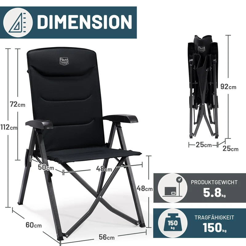 TIMBER RIDGE Campingstuhl Faltbar Alu Hohe Lehne Schwarz