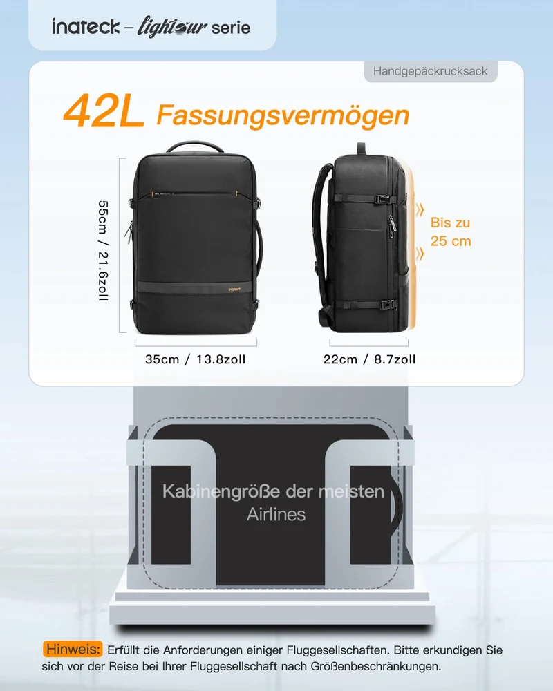 Inateck 42L Handgepäck Reiserucksack – 15.6 Zoll Laptopfach