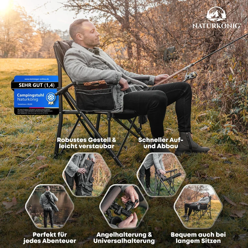 Naturkönig® Campingstuhl Faltbar Braun – Gross, bis 160 kg