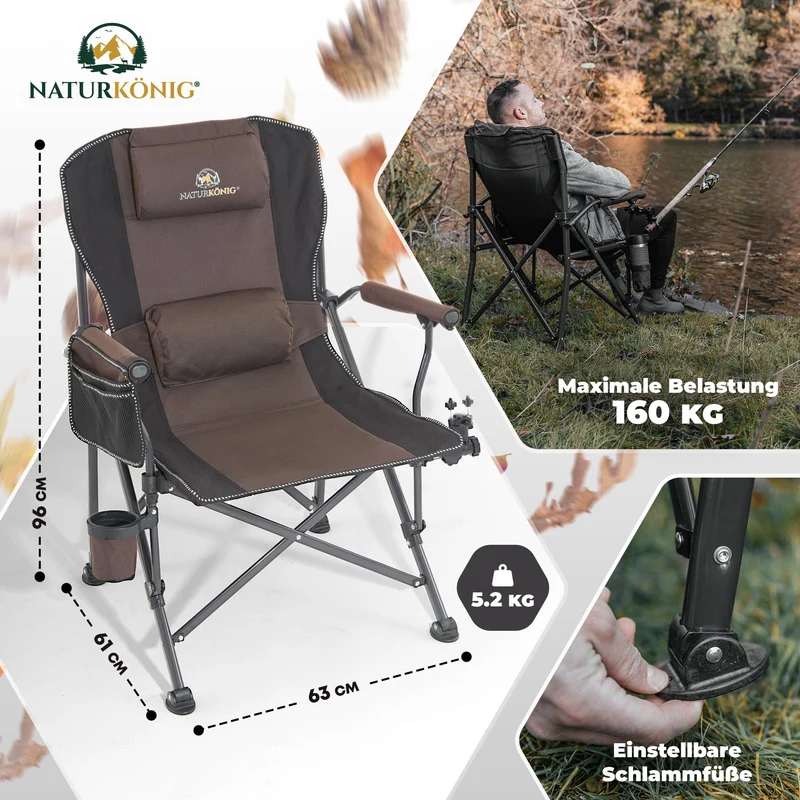 Naturkönig® Campingstuhl Faltbar Braun – Gross, bis 160 kg