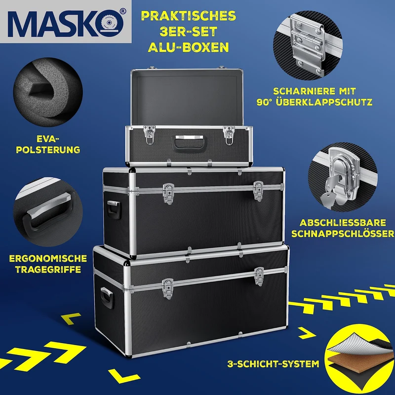 Masko® 3er SET Alu Boxen – Robuste Transport- & Lagerkisten