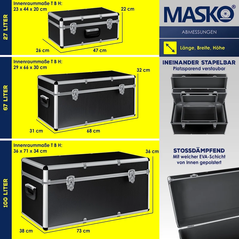 Masko® 3er SET Alu Boxen – Robuste Transport- & Lagerkisten
