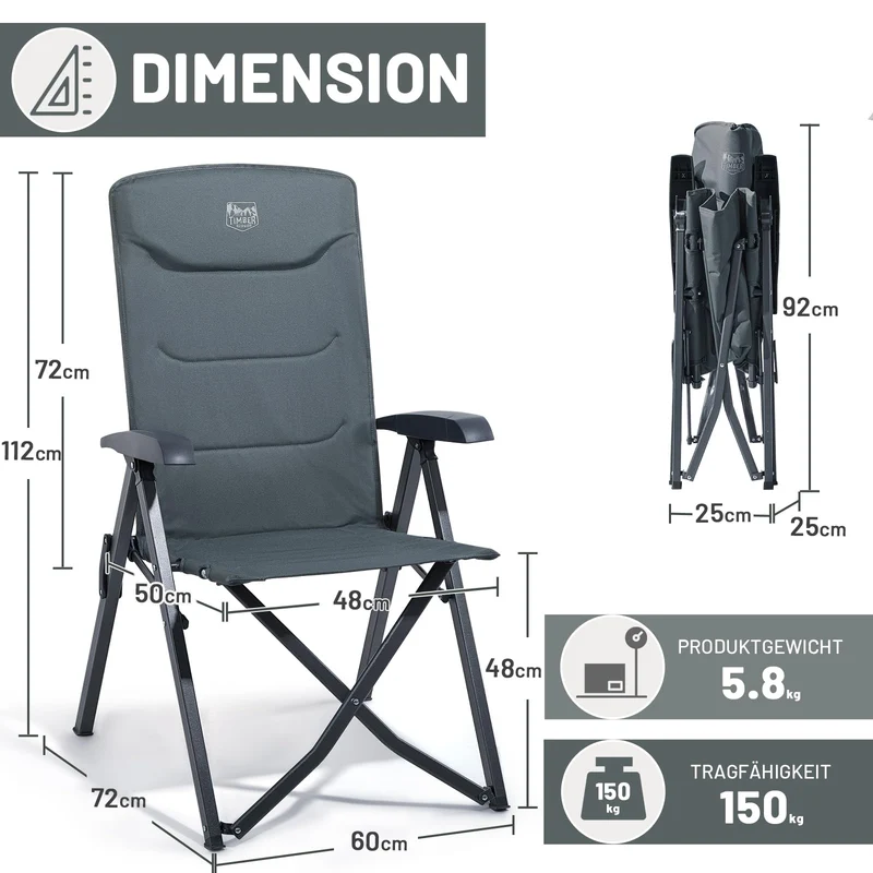 TIMBER RIDGE Campingstuhl Faltbar Alu Verstelllehne – Grau