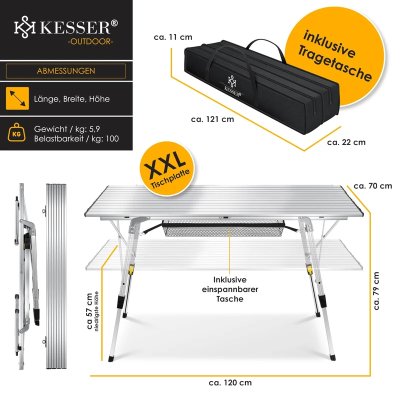 KESSER Camping Falttisch aufrollbar 120x70cm - Silber
