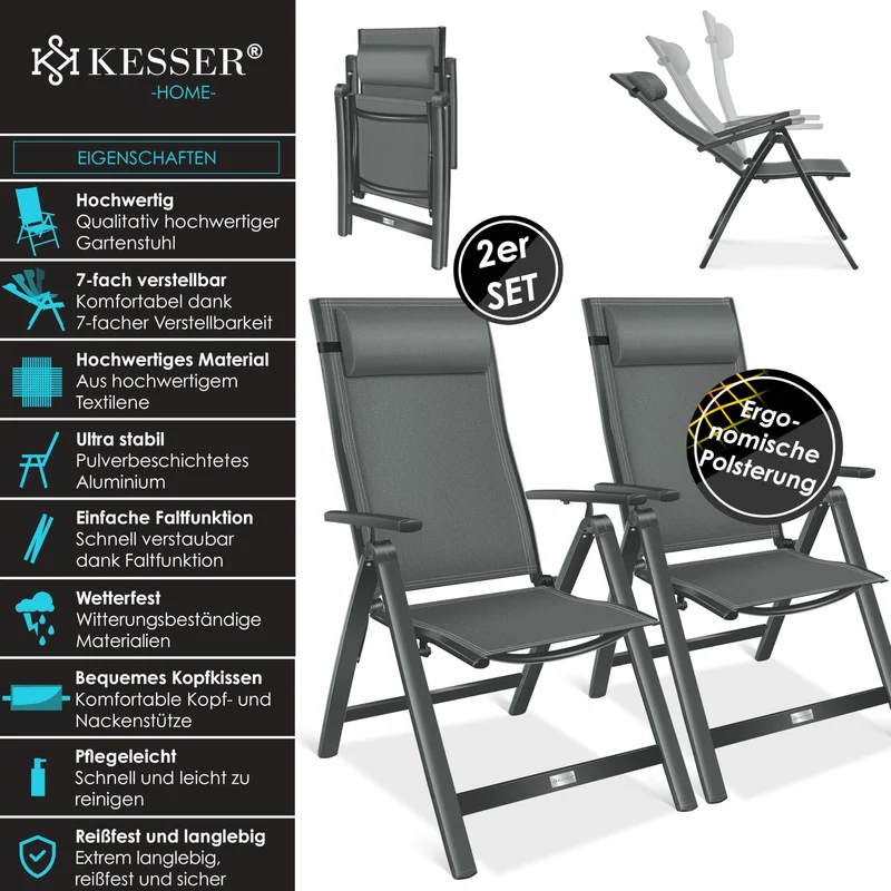 KESSER® 2er Set Gartenstuhl Hochlehner Klappstuhl Alu Anthrazit