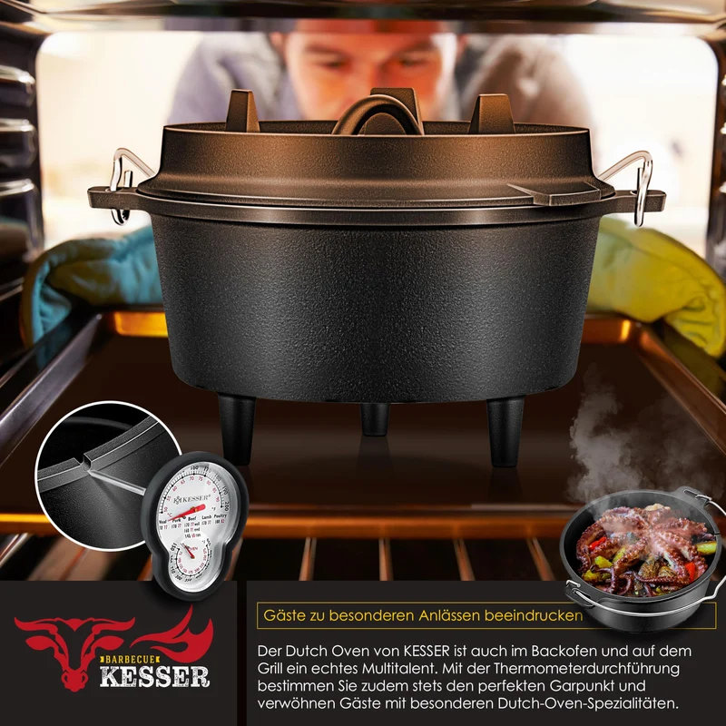 KESSER® Dutch Oven Set BBQ 9L - Gusseisen Feuertopf mit Füssen