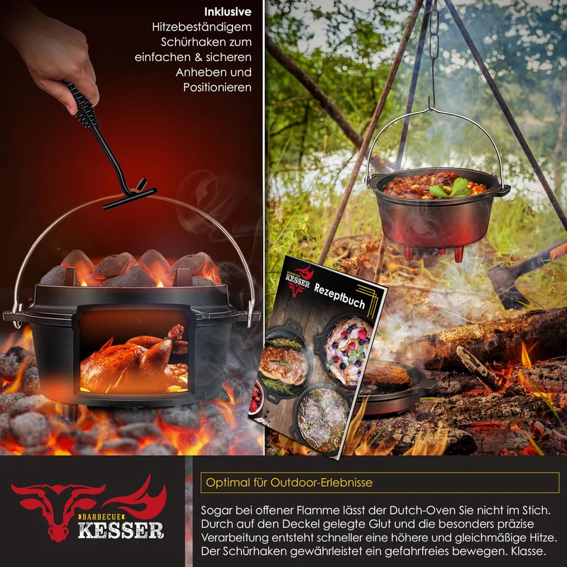KESSER® Dutch Oven Set BBQ 9L - Gusseisen Feuertopf mit Füssen