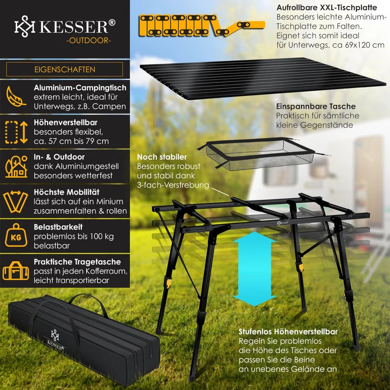 KESSER Campingtisch faltbar 120x70cm – Aluminium Schwarz