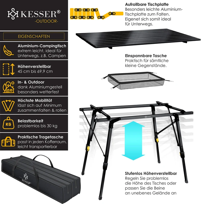 KESSER Campingtisch faltbar Aluminiumrahmen – 90x53cm Schwarz