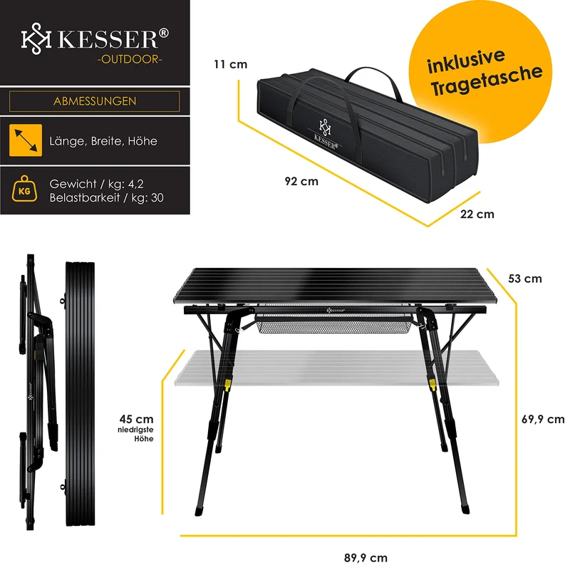 KESSER Campingtisch faltbar Aluminiumrahmen – 90x53cm Schwarz