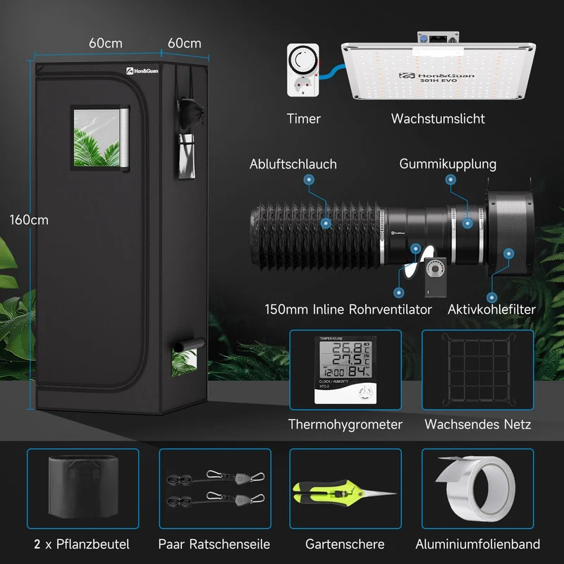 Hon&Guan Growzelt Komplettset HG1000 LED Grow Lampe 60x60x160cm