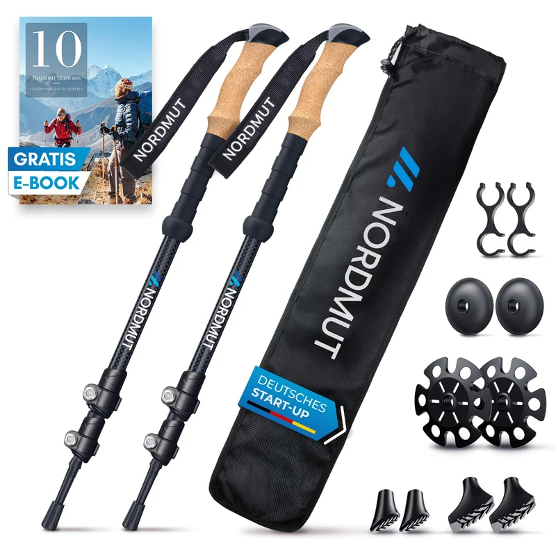 NORDMUT® Teleskop Carbon Trekkingstöcke – Kork Griff & Puffer Set