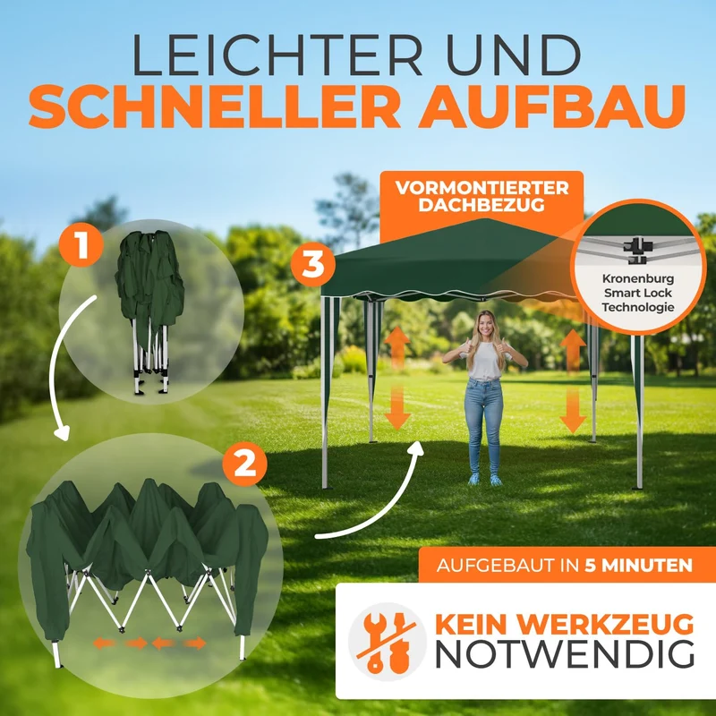 Kronenburg Faltpavillon 3x3m Wasserdicht Grün - 4 Seitenteile