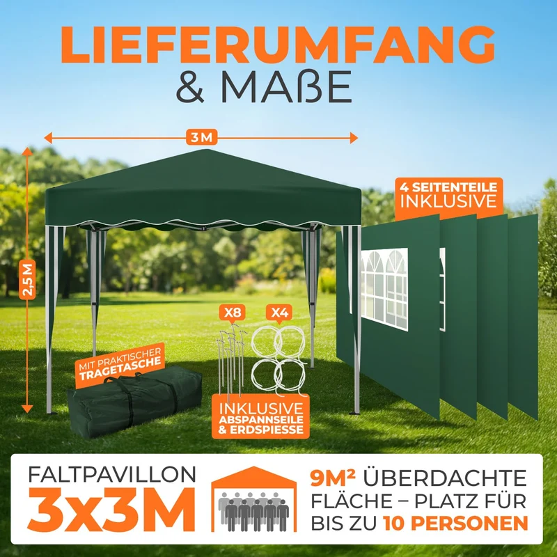Kronenburg Faltpavillon 3x3m Wasserdicht Grün - 4 Seitenteile