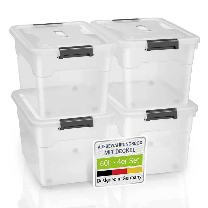 Juskys Aufbewahrungsboxen 60L – 4er Set, transparent & stapelbar