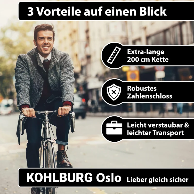 KOHLBURG Zahlenschloss Kettenschloss Fahrrad E-Bike 200cm