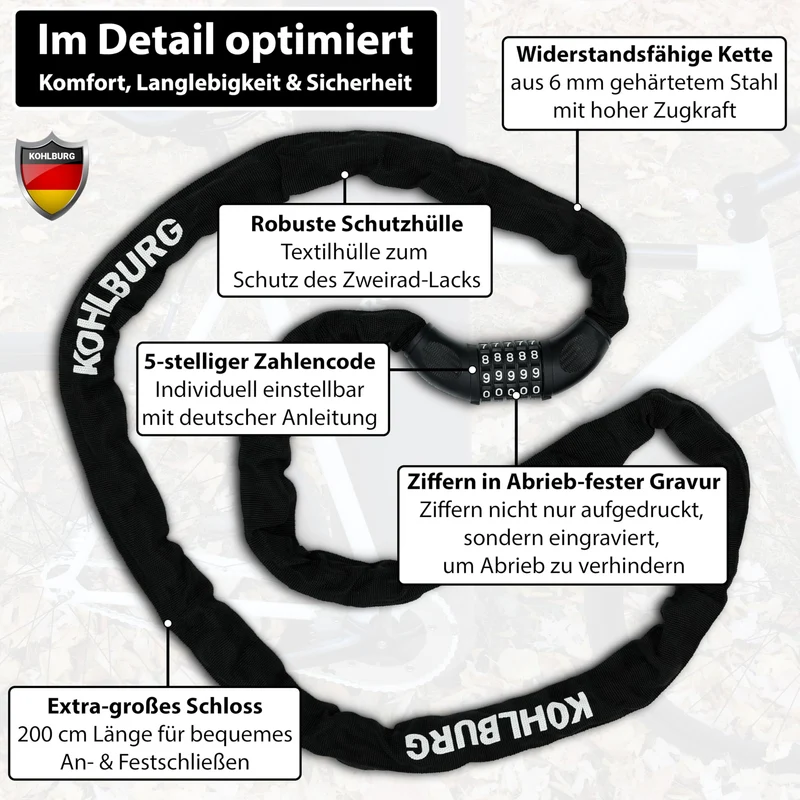 KOHLBURG Zahlenschloss Kettenschloss Fahrrad E-Bike 200cm