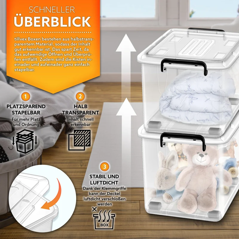 tillvex Aufbewahrungsboxen Set mit Deckel – 4er, 62L, lebensmittelecht
