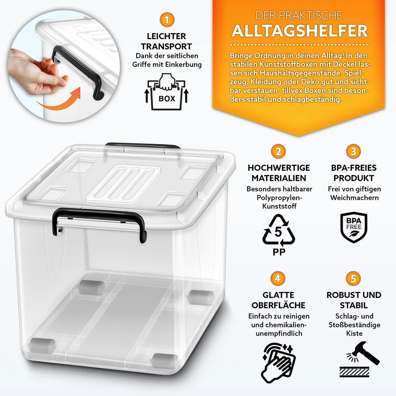 tillvex Aufbewahrungsboxen Set mit Deckel – 4er, 62L, lebensmittelecht