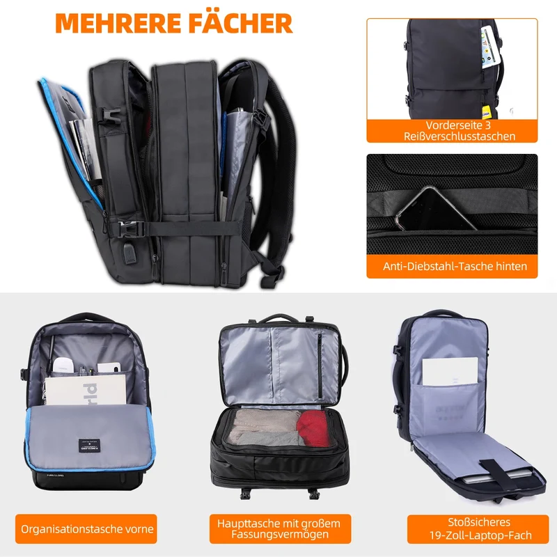 TravelGo Vakuum Laptop Backpack 46L – Handgepäck Rucksack Schwarz
