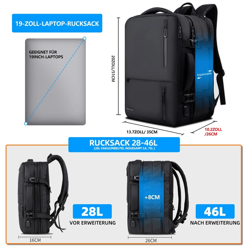 TravelGo Vakuum Laptop Backpack 46L – Handgepäck Rucksack Schwarz