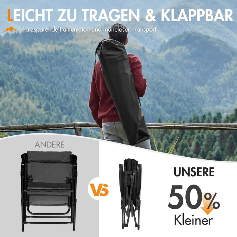 PORTAL Campingstuhl Faltbar – Rücken verstellbar, 160kg Alu
