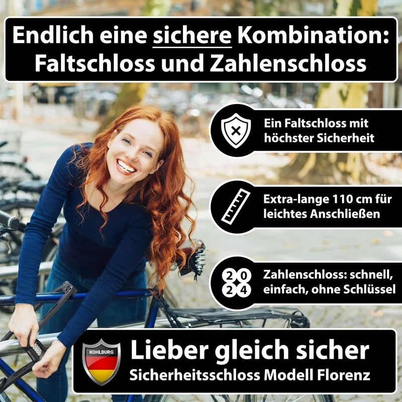 KOHLBURG Fahrrad Faltschloss - 110cm Zahlen bolzenschneidersicher