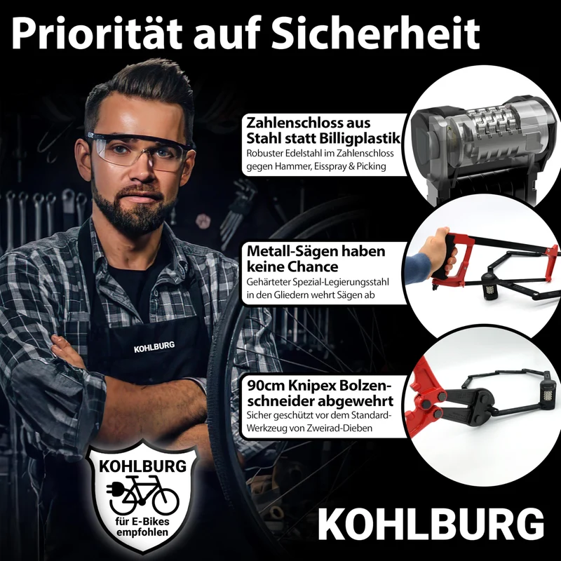 KOHLBURG Fahrrad Faltschloss - 110cm Zahlen bolzenschneidersicher